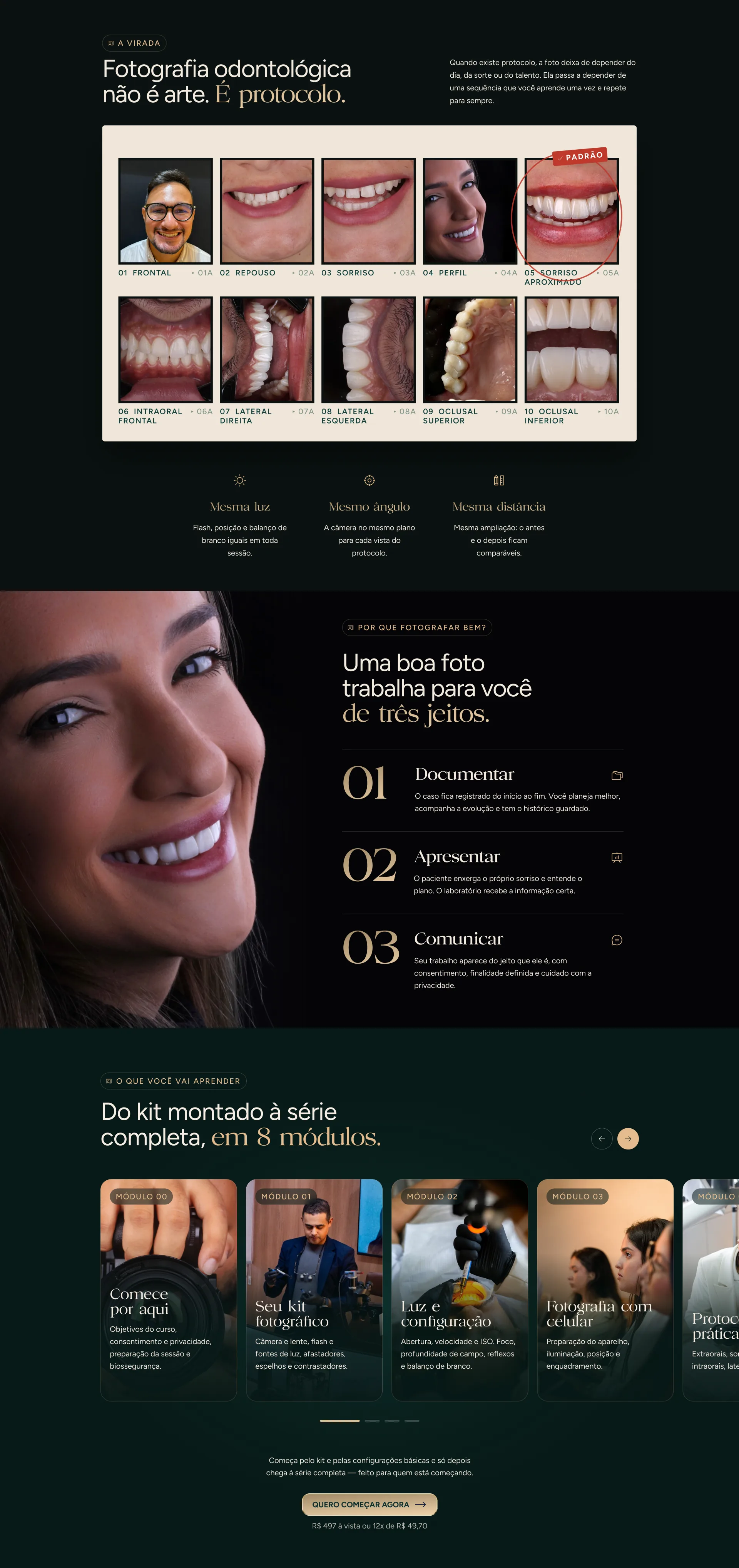 Fotografia odontológica não é arte. É protocolo: as 10 vistas da série, com mesma luz, mesmo ângulo e mesma distância. Uma boa foto trabalha para você de três jeitos: documentar, apresentar e comunicar. Do kit montado à série completa, em 8 módulos.