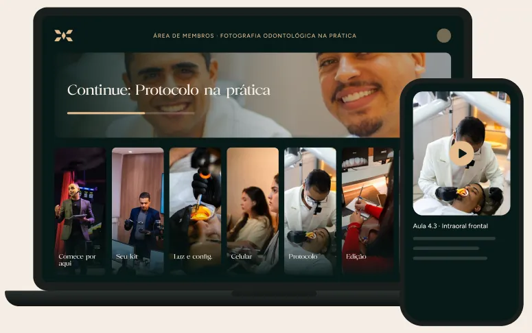 Área de membros do curso no notebook e no celular