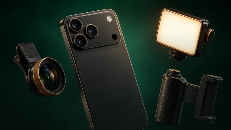 Celular com lente macro acoplável, luz de LED e suporte